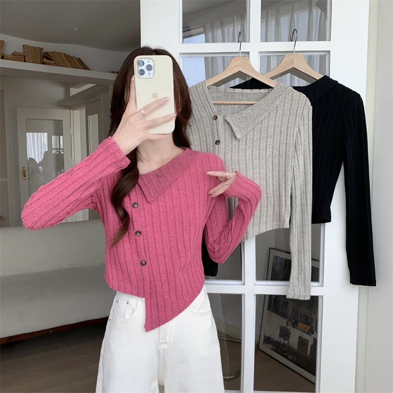 

Women's Vertical Stripe Irregular Pullover T Spring Autumn New Chic Fashion Female Diagonal Breast Long Sleeve Thin T-shirt