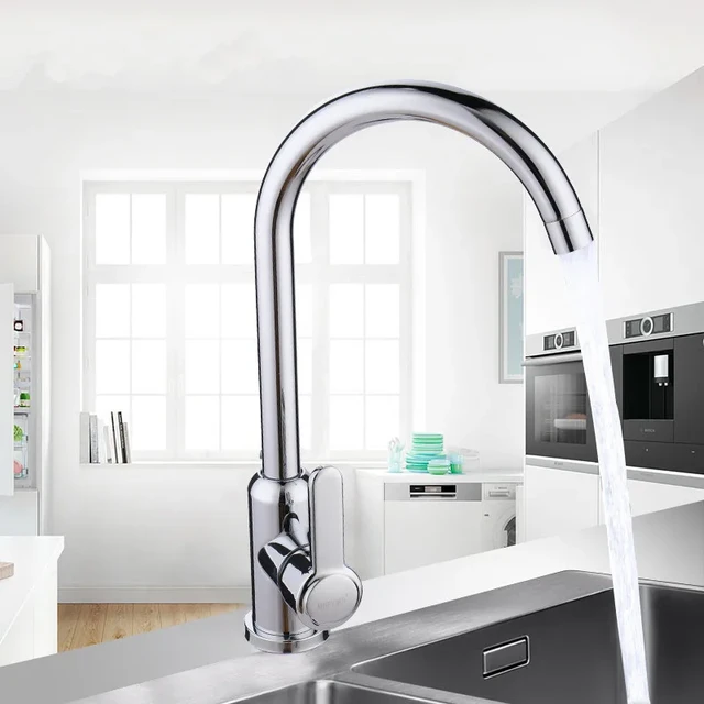 Grifo de cocina de arco alto, dorado cepillado, boquilla giratoria de 360  grados, mezclador de agua caliente y fría, moderno grifo de fregadero de