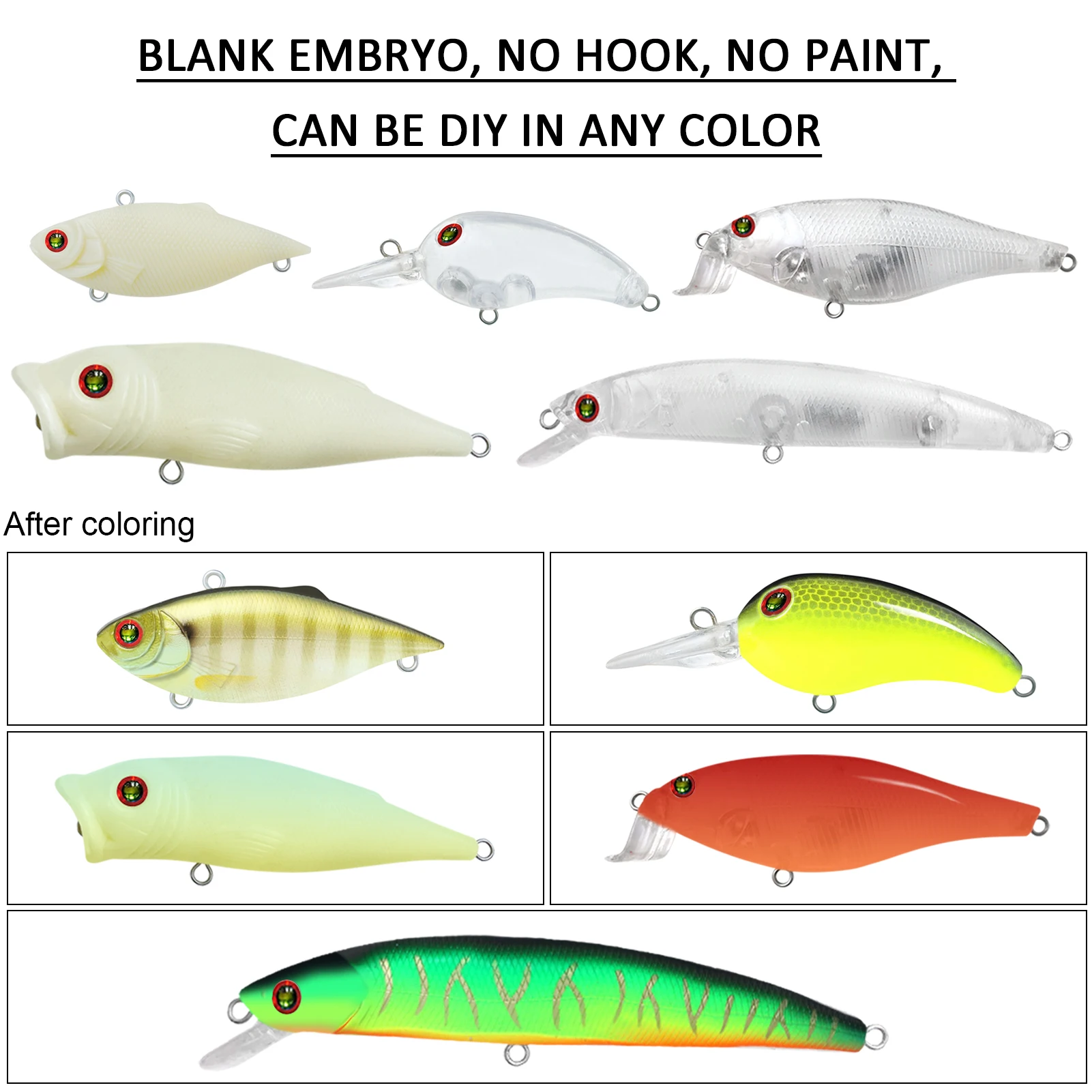 Description Picture 4 of itemFREE FISHER Fishing Baits Unpainted Blank Hard Lures DIY Crankbaits Minnows Popper VIB Pencil Transparent Artificial Baits Set