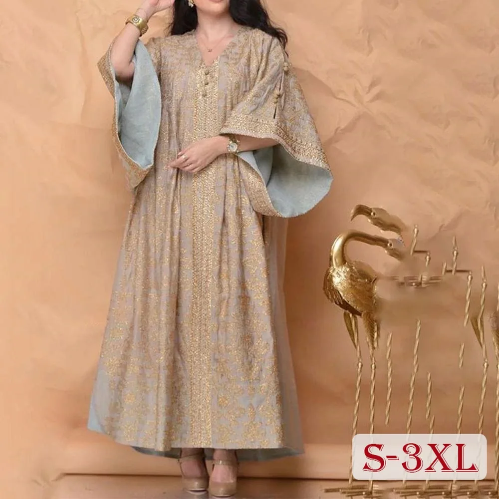 

Elegant Women Party Dress Fashion Lady Embroidery Floral Muslim Abaya Dresses for Musliman Wide Sleeve Vestido S-3XL Plus Size