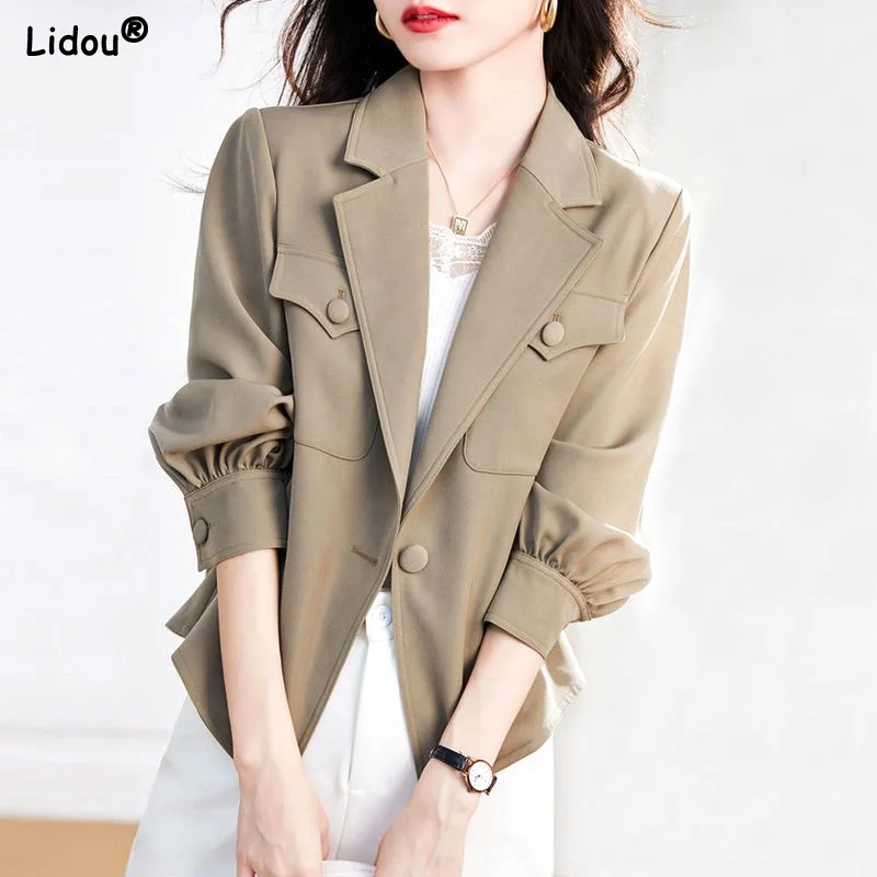 Notched Pleated Blazers Solid Casual Button Pockets Korean Loose Spring Summer Autumn Thin Women's Clothing Intellectual Tops 2023 new spring unisex style women sets solid pockets top half shorts streetwear fashion pleated design capris casual shorts