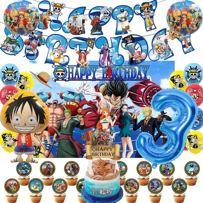 Decoração de Festa One Piece: Balão Luffy, Número Azul, Banner de