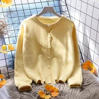 Pink White Purple Yellow Knitted Sweater Women Short Cardigan Spring Autumn Fashion O-Neck Long Sleeve Knit Tops Ladies Jumper 2