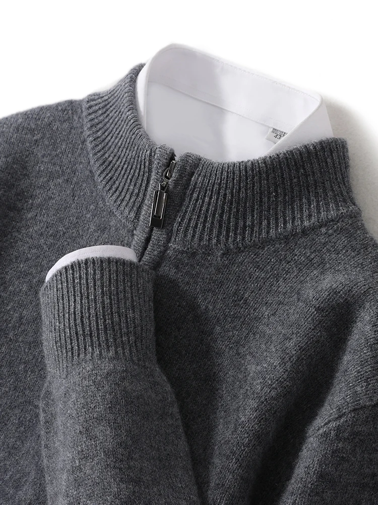 Men Mock Neck Zipper Sweaters 100% Merino Wool Pullover Casual Fashion Clothing Autumn Winter Thick Cashmere Knitwear Tops
