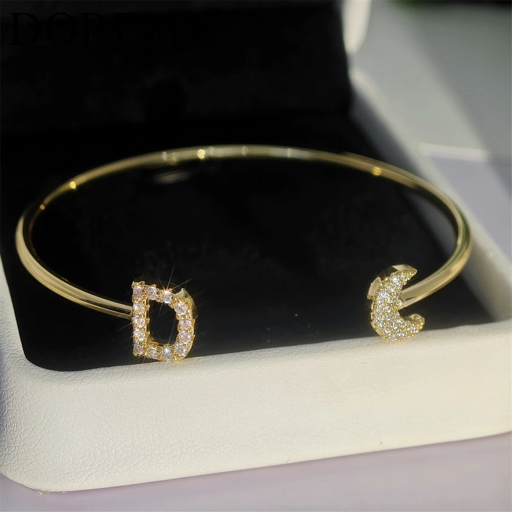 DOREMI Custom Initial Letter Birthstone Coloful Zircon Letter Cuff Bangle Women Custom Moon Star Heart Charm Bangle Gift Jewelry