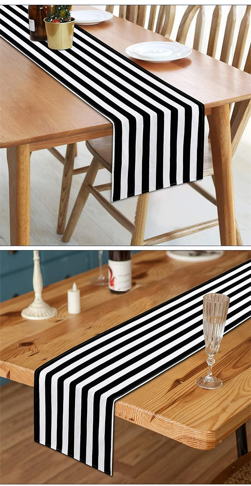 Description Picture 3 of itemClassic Black and White Striped Table Runner Elegant Polyester Wood GrainTable Decor for Indoor Outdoor Halloween Banquet Party