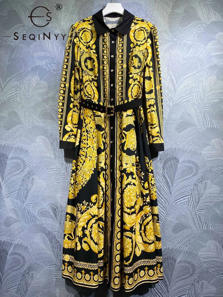 

SEQINYY Vintage Midi Dress Spring Autumn New Fashion Design Women Runway High Street Yellow Flowers Print Loose Belt Elegant