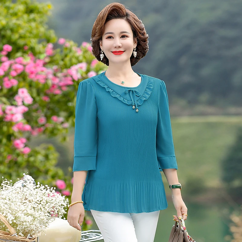 Korean Shirts Tops Women Blouses Office Chiffon Shirts Elegant V-collar 3/4  sleeve Women Tops blusas