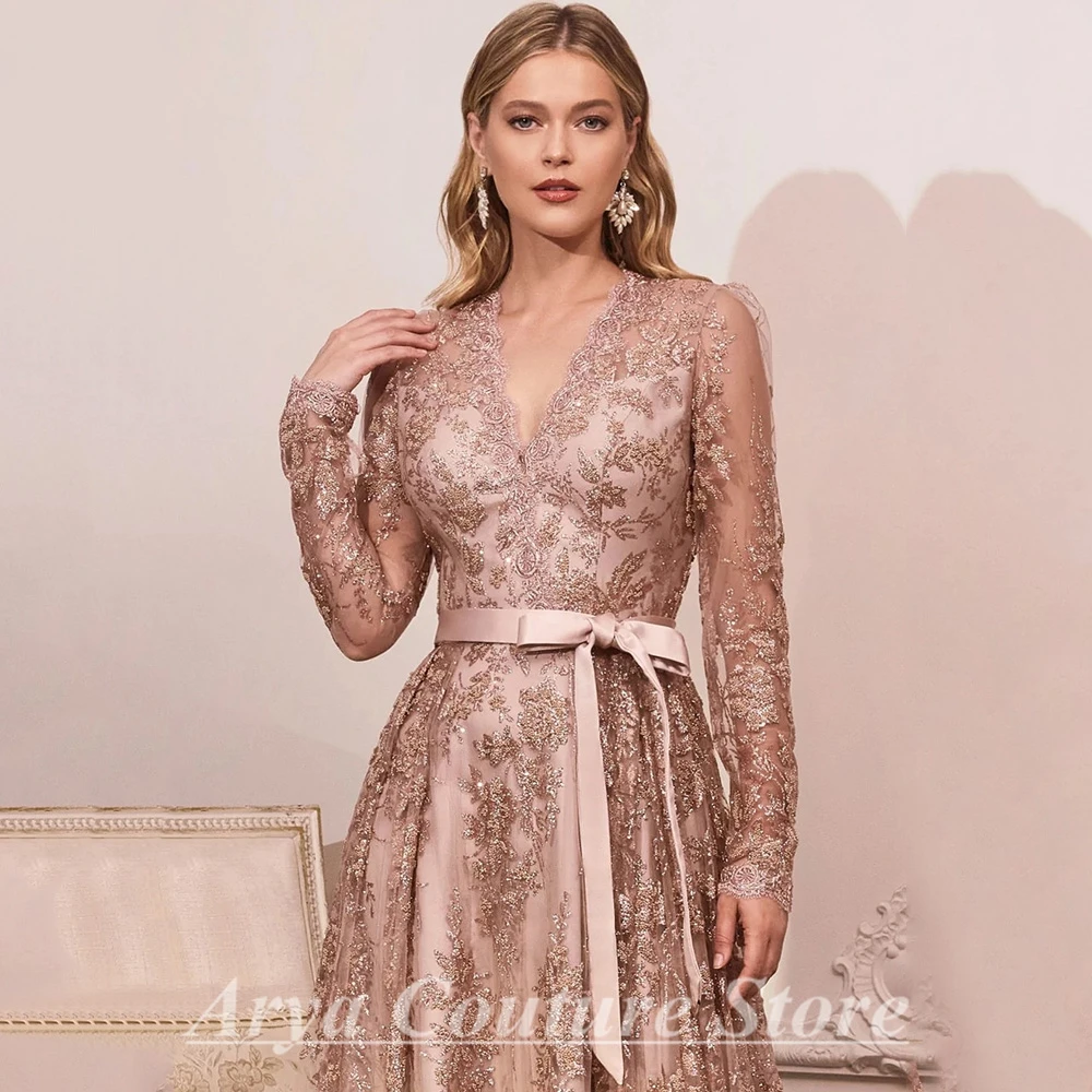 Mother Bride Dresses Women Party Dresses Elegant Rose Gold Mother of the Bride Dresses Bow Belt V-Neck Illusion Long Sleeve A-Line and Floor Length Banquet Mom Gowns