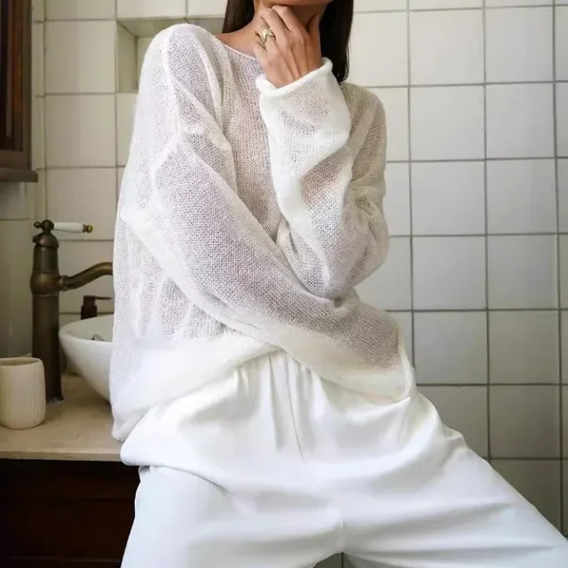 Elegant Sweater Women 2024 Summer Autumn Casual Fashion Loose Women Pullovers Chic Pink White Jumper Sueter Mujer
