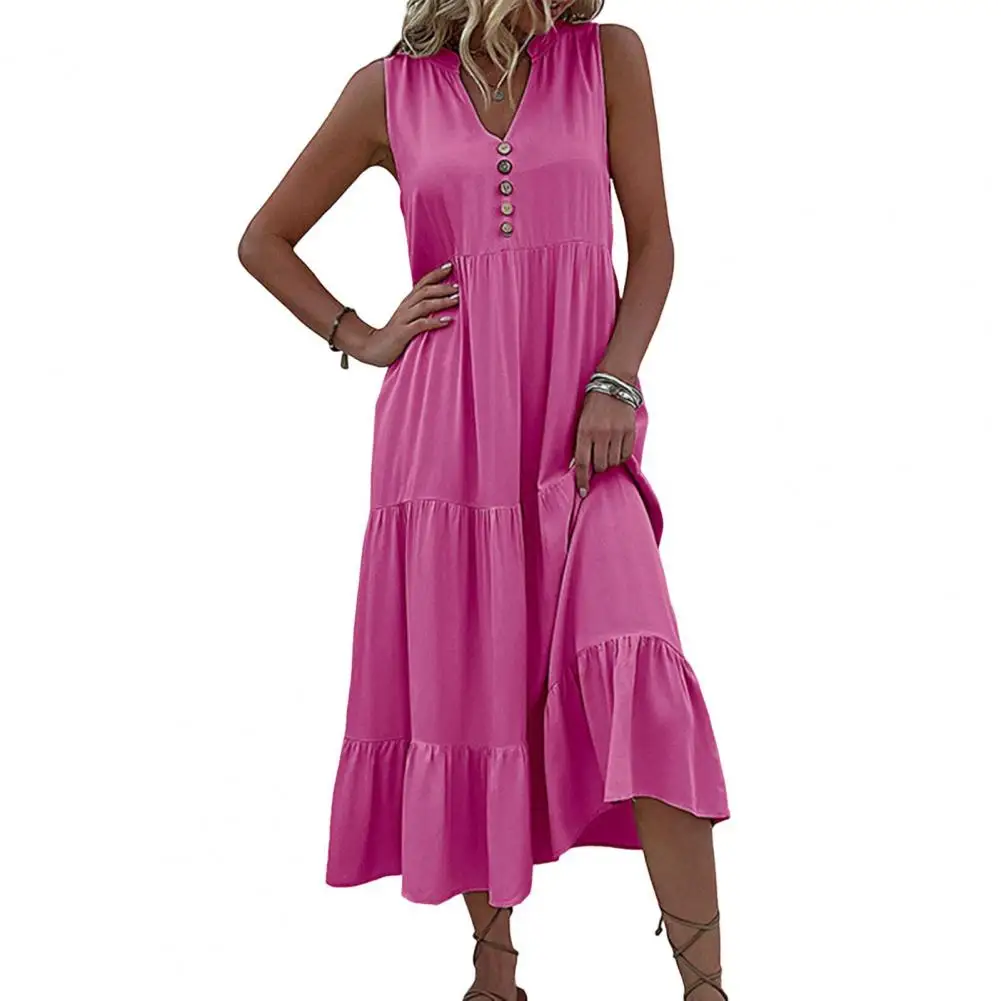 

Elegant V Neck Dress with Button Decor A-line Hem for Women Flowy Vacation Dress