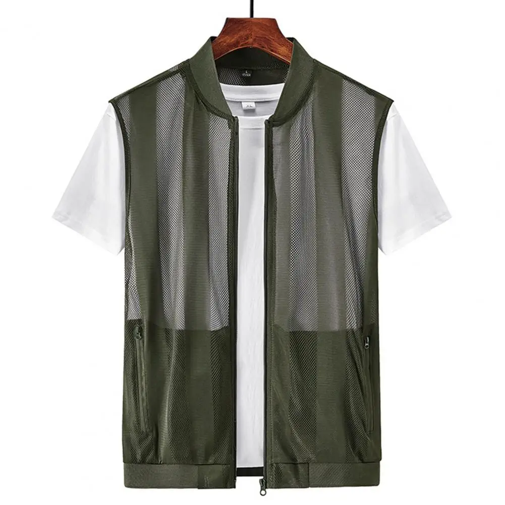 Description Picture 5 of itemBaseball Collar Sleeveless Pockets Zipper Placket Fishing Vest Summer Men Mesh Hollow Waistcoat