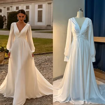 MCDV Chiffon A-Line Wedding Dresses Puff Sleeve V Neck Backless vestido de casamento noiva Civil Bride Party Gowns Customized 1