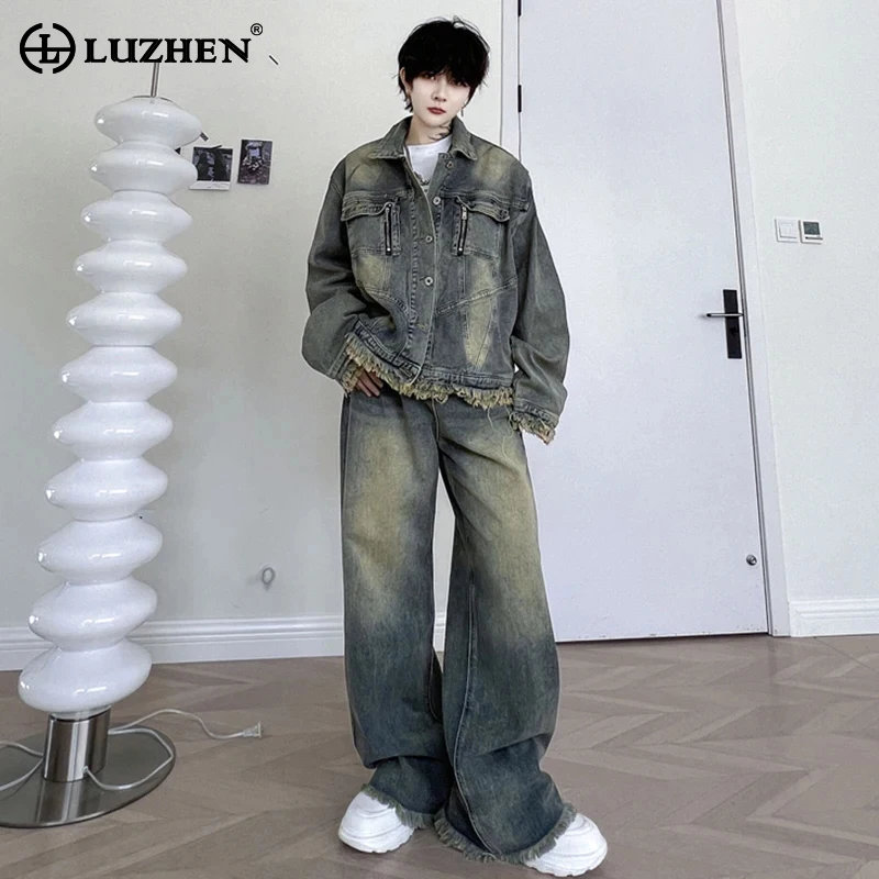 

LUZHEN 2024 New High Street Vintage Wornout Design Denim Jacket Loose Casual Jeans Men's Original Trendy Two-piece Sets F867c4