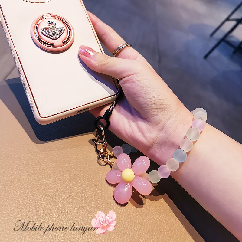 Mobile Phone Lanyard Short Hand-beaded Frosted Flower Bead Pendant Wrist Pendant Hand-held Chain Colorful Ball Anti-lost Sling