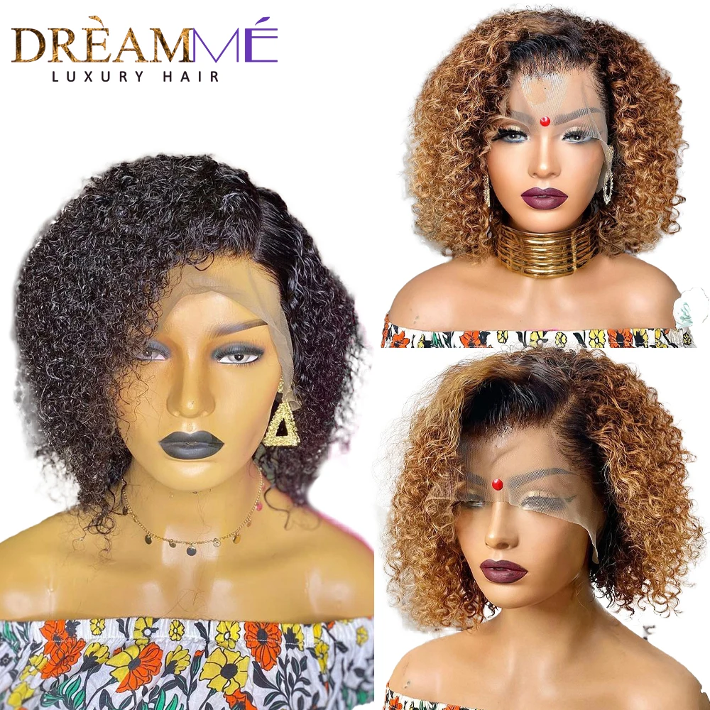 Honey Blonde Colored Short Curly Bob 13X4 Lace Front Human Hair Wigs Brazilian kinky curly Lace Closure Frontal wig For Women