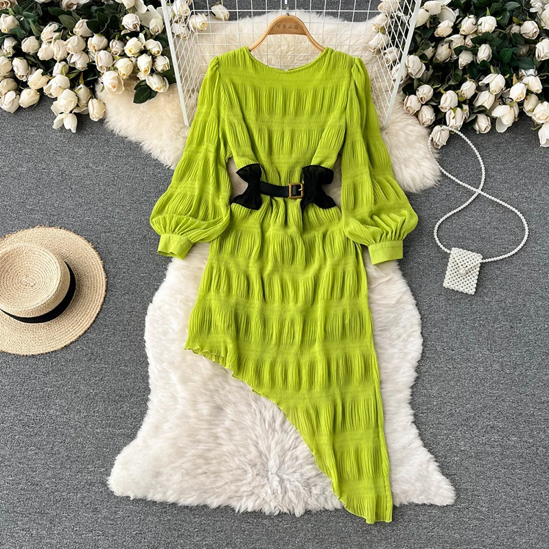 

Elegant O Neck Solid Color Lantern Long Sleeve Irregular Chiffon Maxi Dress 2022 Fashion Retro French Hepburn Dress Women платье