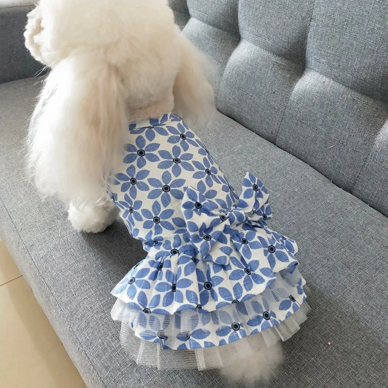 

Princess Lace Dog Clothes Spring Summer Pet Dress Cotton Printing Cat Skirt For Small Dogs Cute Bowknot Pompous Pets Clothing