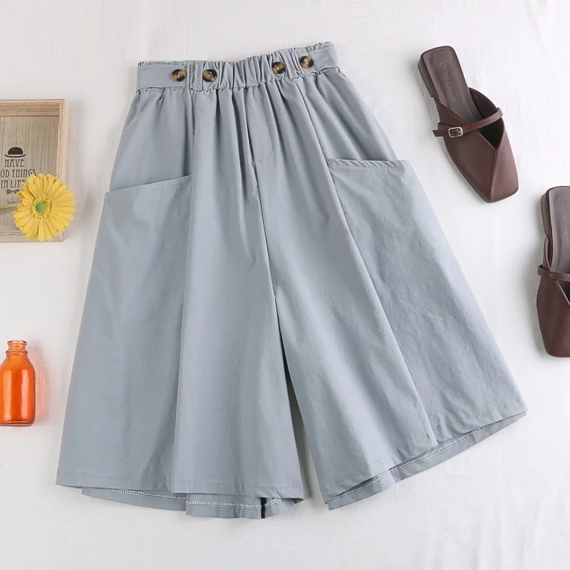 

Fashion 2023Summer Korean Loose Big Pocket Wide Leg Capris Women Short Pant Chic Buttons High Elastic Waist Shorts Skirts Female