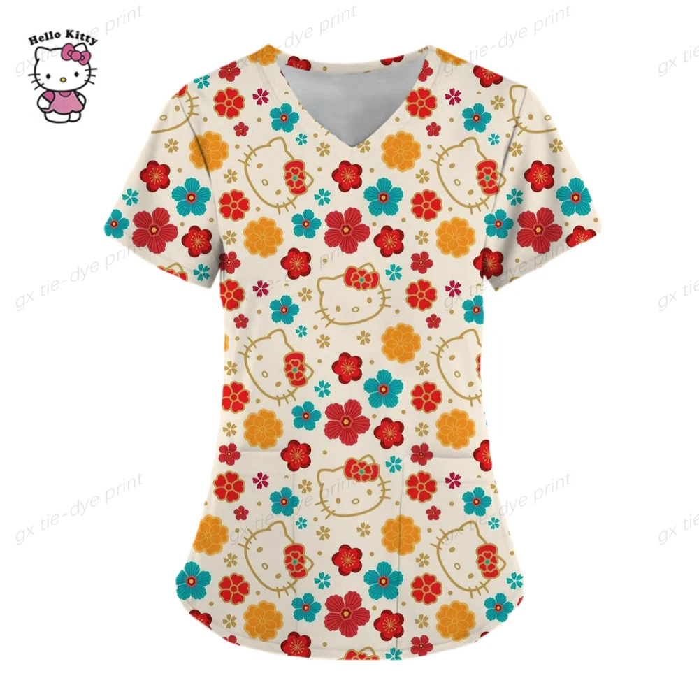 thumbnail image 1 of Camisetas de verano, tops de bolsillo, uniforme de enfermera, Hello Kitty, ropa de mujer con cuello en V, camiseta de hospital, camisetas para mujer 2023, camisetas para mujer, 1 of 5