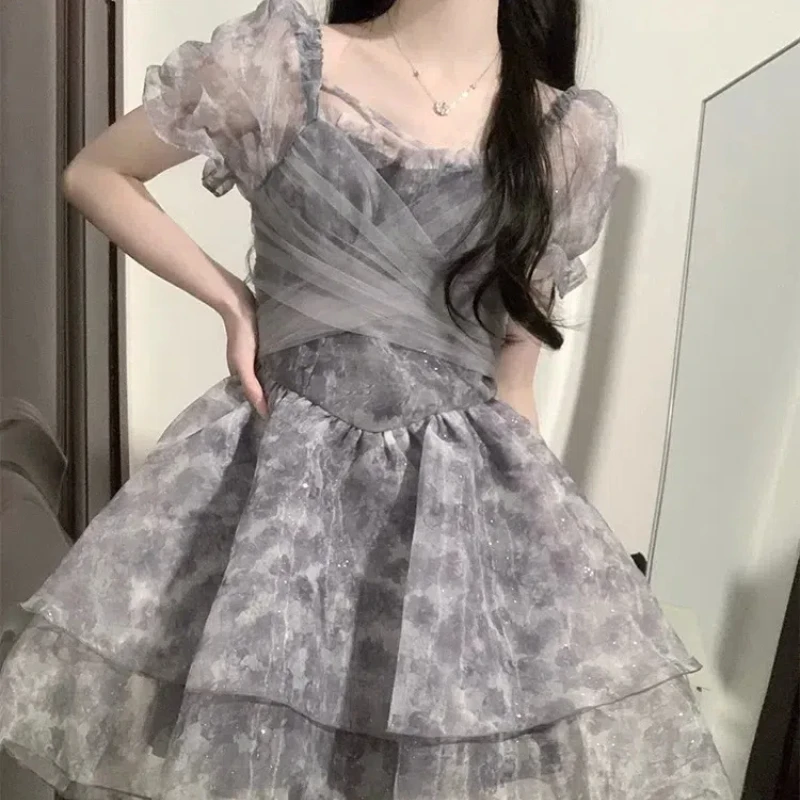 

Lolita Summer 2024 Sweet Fresh New Spliced Bow Sequined Lace Fashion Slim Comfortable Elegant Puff Sleeve Party Strap Dresses