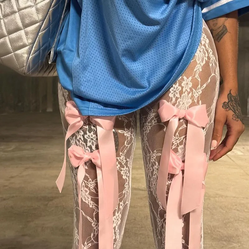 

Сексуальные розовые кружевные прозрачные брюки с высокой талией, женские брюки с широкими штанинами и бантом