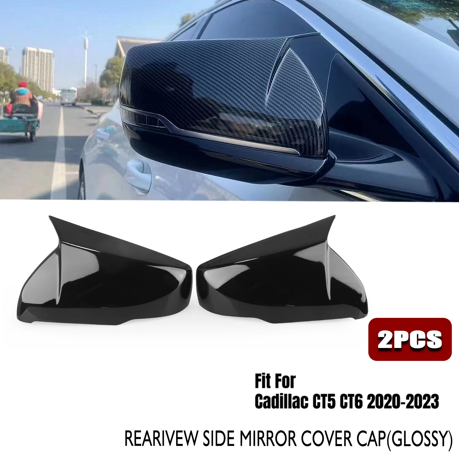 

Rear View Mirror Cover For Cadillac CT5 CT6 2019-2024 Sedan Replacement Carbon Fiber Look/Gloss Black Car Rearview Cap