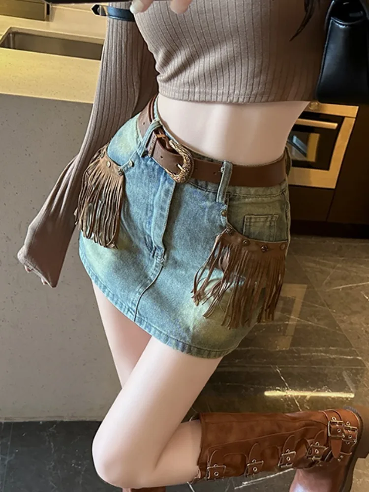 

Женская джинсовая юбка с высокой талией, трапециевидная мини-юбка контрастных цветов с кисточками, лето 2024
