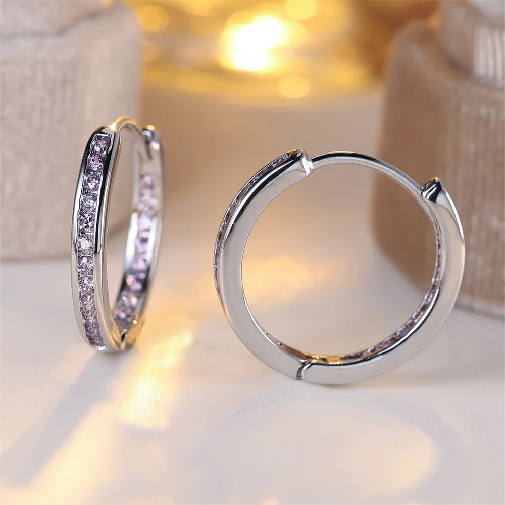 Single Row Small Round Hoop Earring Charm Purple Crystal Stone Earrings For Women Vintage Rose Gold Silver Color Wedding Jewelry