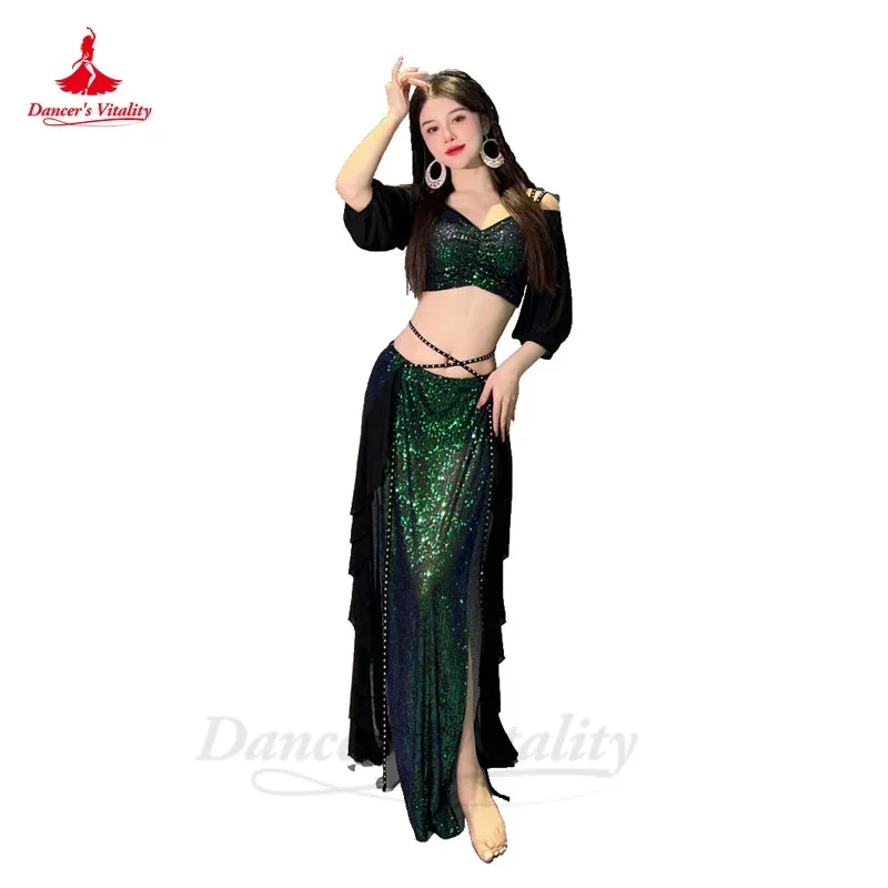 Costume Danse Du Ventre Femme - Crop Top Dos Nu Et Jupe Fendue Maille - Polyester/Élasthanne