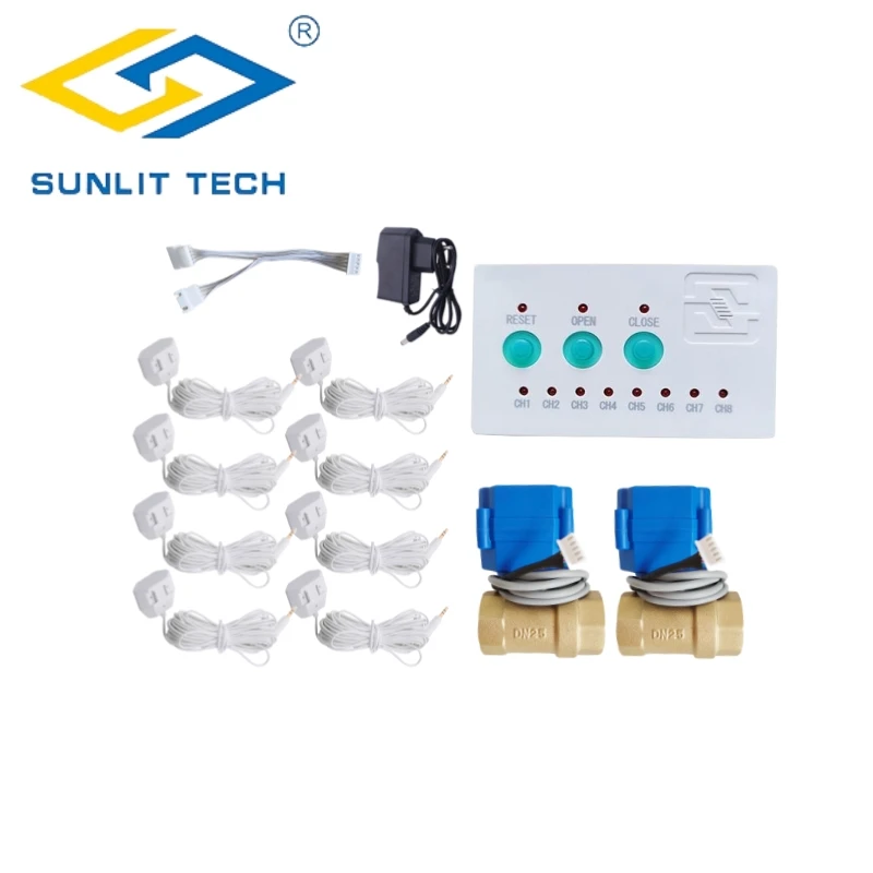 

Water Leak Detector Suit with 8pcs Water Leakage Sensor Cable 2pcs Smsrt Valve for 1/2" 3/4" 1" Pipe Anti Overflow System