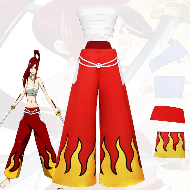 

Erza Scarlet Fairy Tail Cosplay Costume Anime White Tube Top Red Pants Full Set Women Girl Uniform Cool Carnival Party Clothing