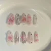 10Pcs Pink Handmade Press on Nails Full Cover Bow Tie Rhinestone Design French Almond Fake Nails Wearable Manicure Nail Tips Art