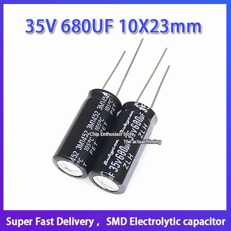 

Rubycon imported electrolytic capacitor 35v 680uf 10*23 Ruby capacitor zlh high frequency and long life 35V 680UF 10X23mm