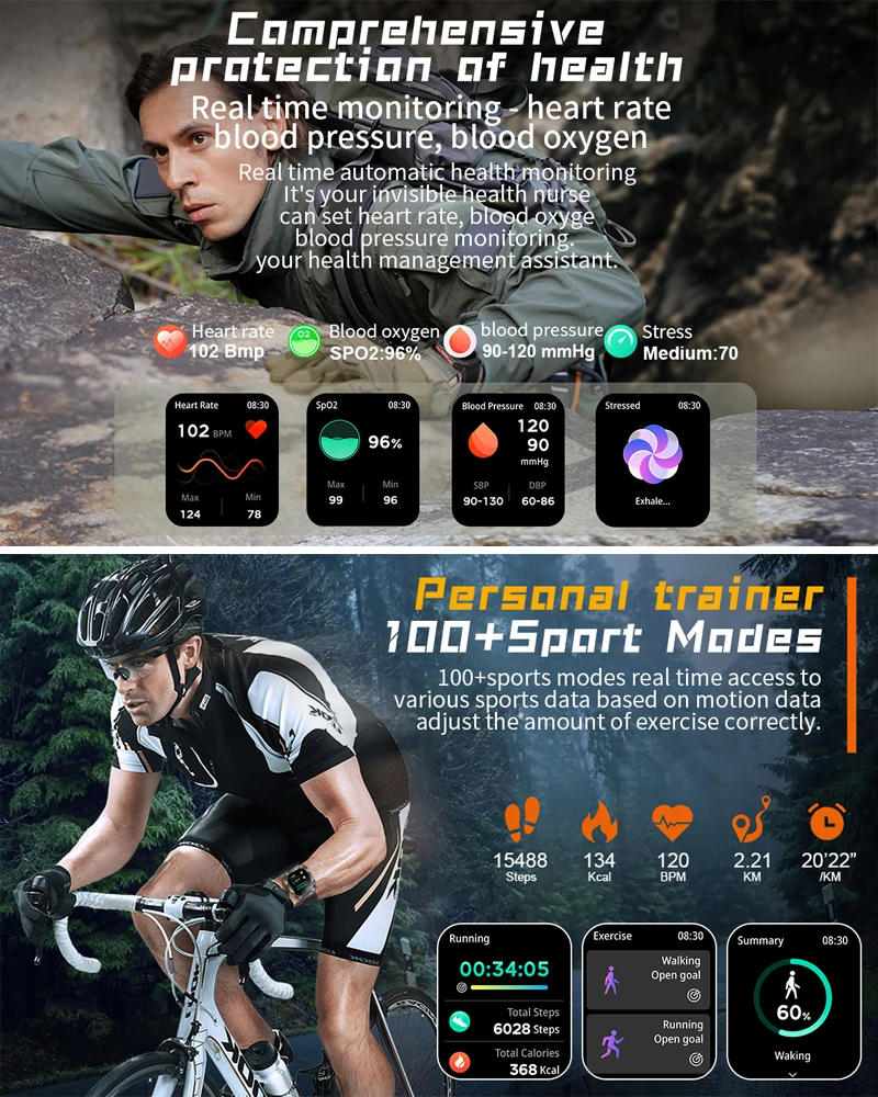 2023 야외 피트니스 GPS 트래커 블루투스 통화 스마트 워치, 남성 여성 혈압 모니터 스마트워치, 620mAh, 신제품