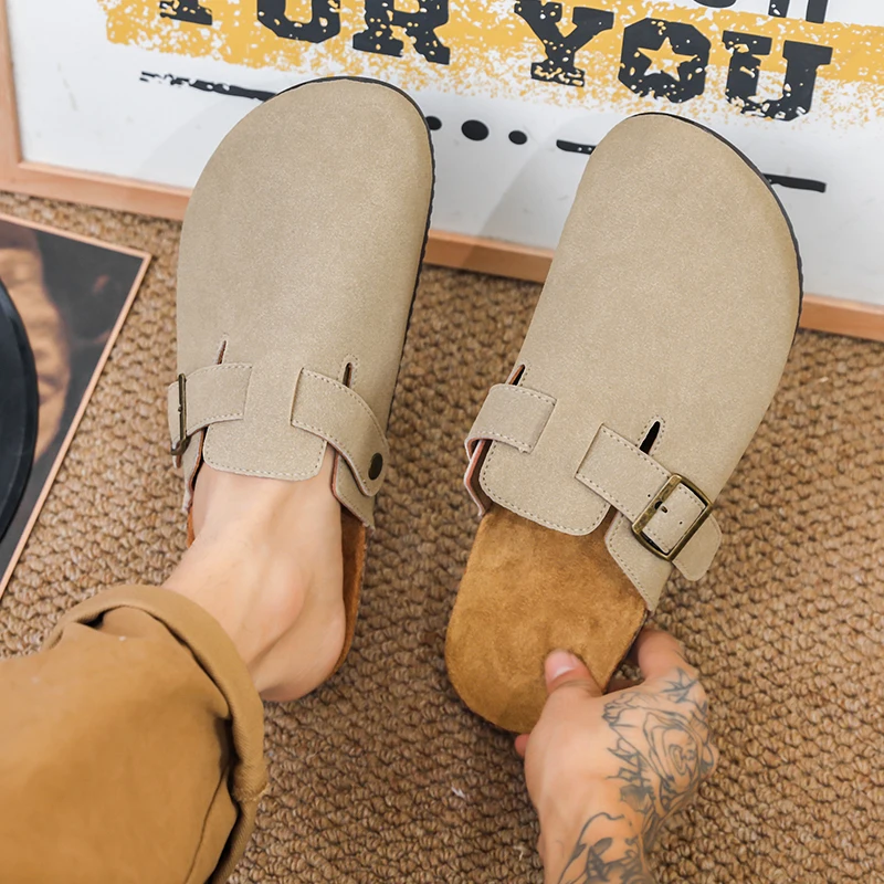 Popular Cow Suede Men's Clog Slippers Men's Suede Clogs Leather Mule Cork Foot Bed Sandals Beach Slide Bowtoe Shoes
