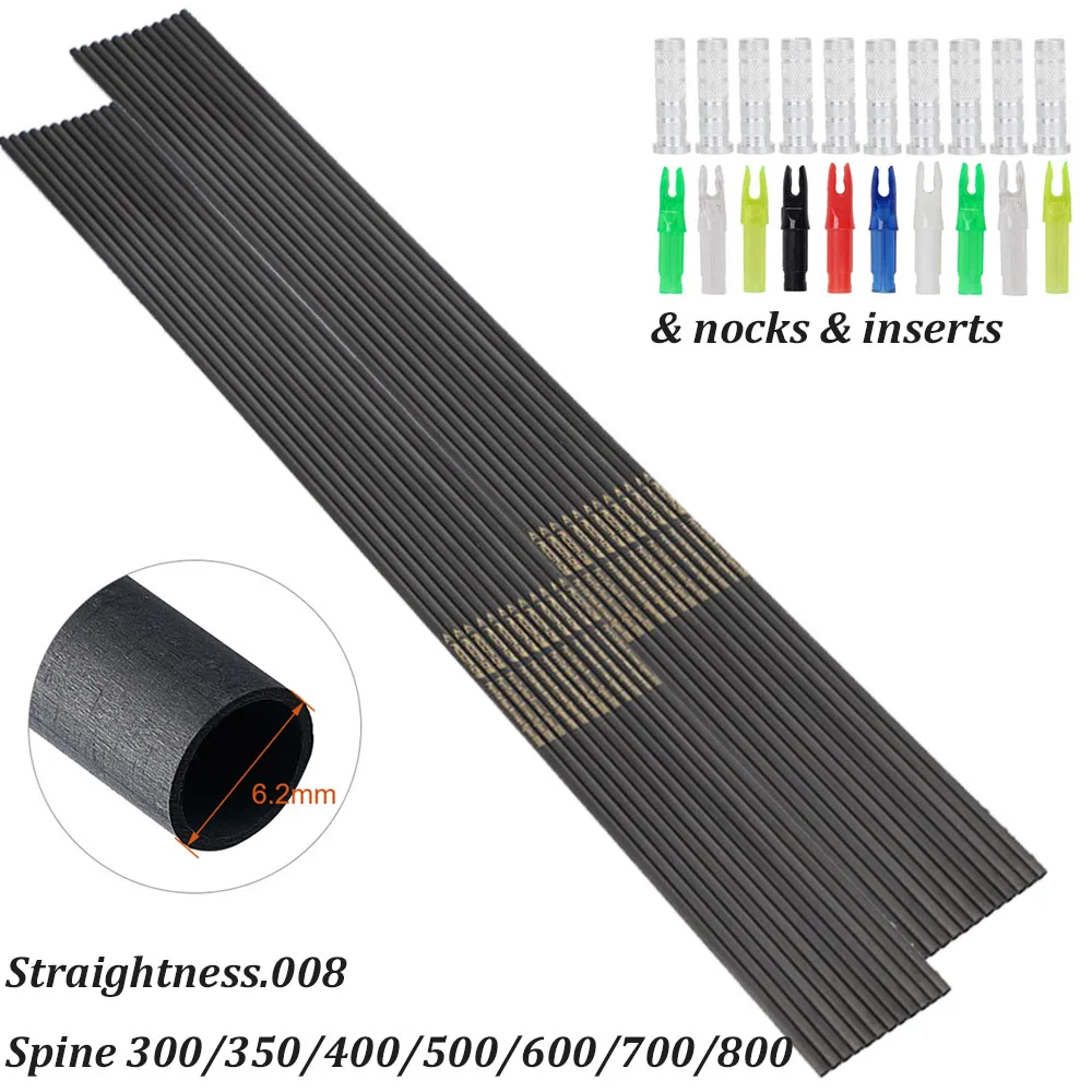 Fûts flèches carbone pur 30" inserts encoches ID6.2 spine 300-800 pour chasse pêche tir à l'arc cible