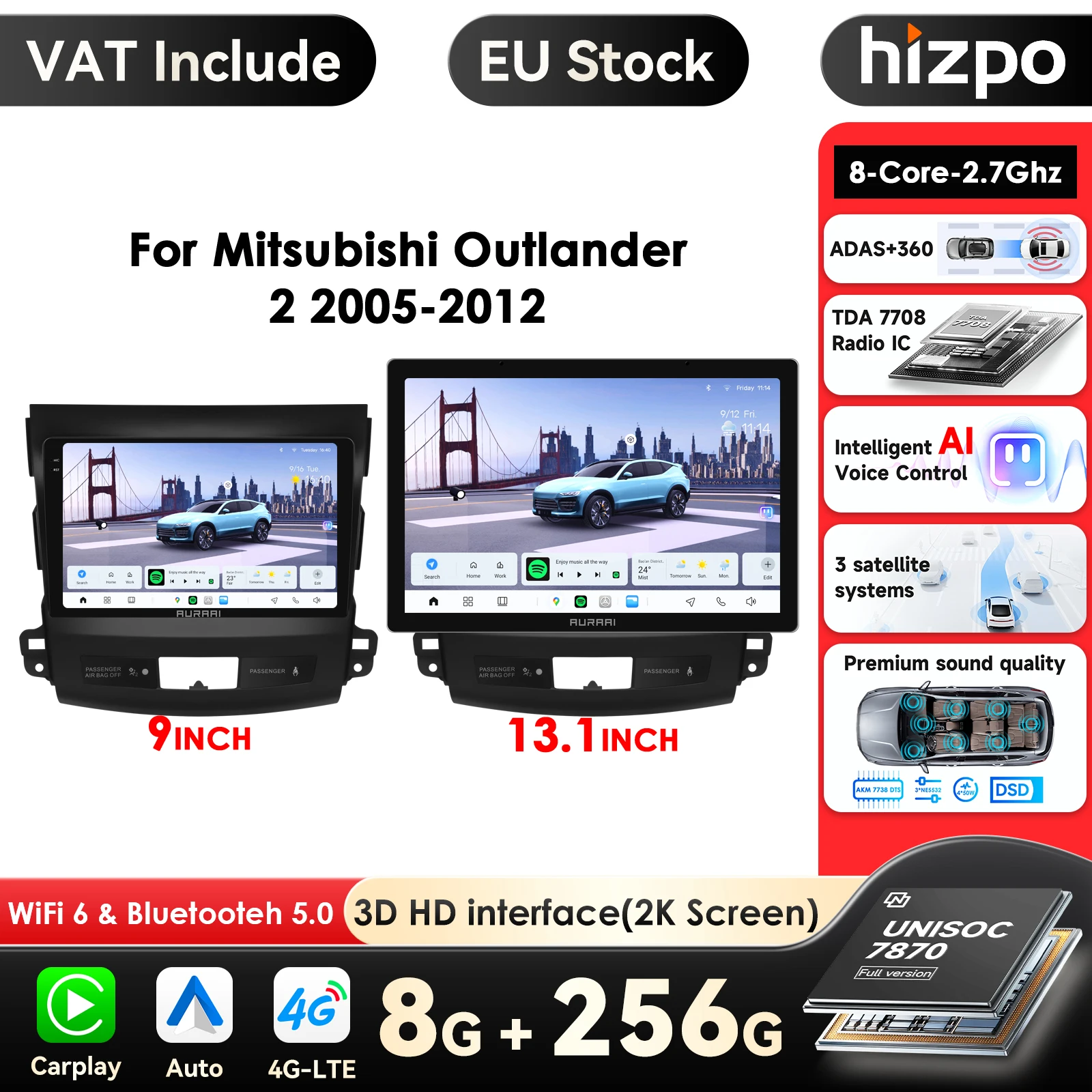 Hizpo 13,1 "7870 2,7 Ghz ADAS 4G Carplay Android Auto Radio para Citroen C-Crosser Peugeot 4007 Mitsubishi Outlander 2 2005-2011 navegación GPS reproductor de vídeo Multimedia FM RDS coche sistemas inteligentes estéreo Autoradio 2K QLED 3D pantalla AI Voz 1