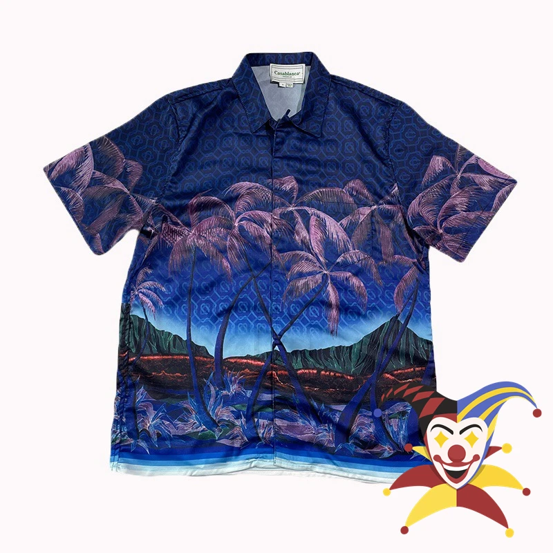 

Silk Casablanca Night view of coconut Trees Shirt Men Women Top Quality Hawaii Beach Shirts