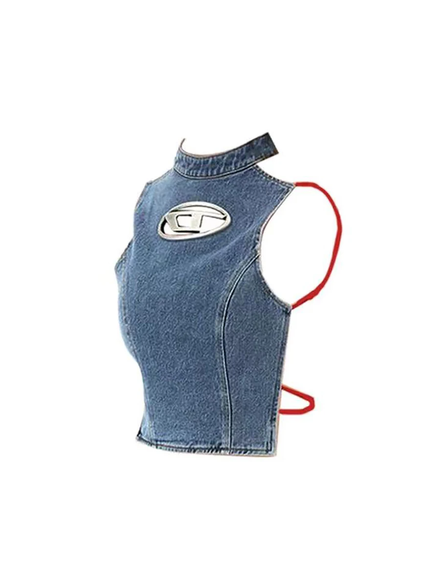 

2023 Women's Blue Denim Spring New Half High Neck Sexy Backless Hot Girl Vintage Club Top