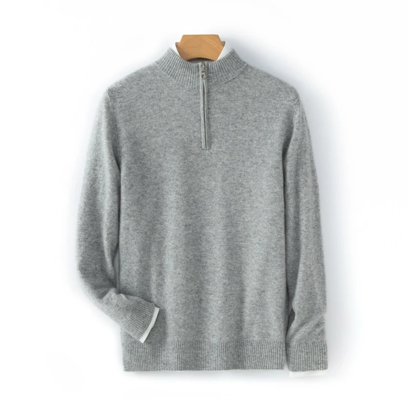 Men's Winter Cashmere Sweater Medium Thick Half High Collar Half Zipper Classic Loose Sweater 100% Cashmere Knitted Top 2