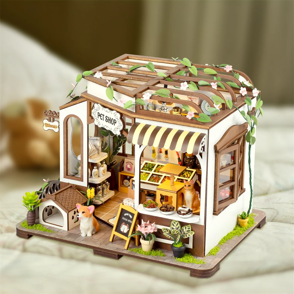 NEW Modern DIY Wooden Pet Shop Dollhouses Miniature Kits With