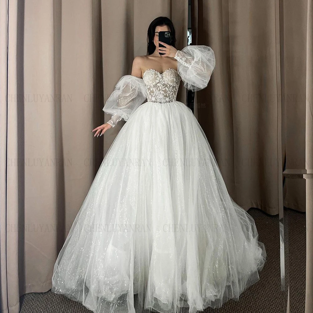 

Sparkle Tulle Wedding Dresses Sweetheart Applique Sexy Bride Dresses Puff Sleeves Long Dresses For Women 2023 Robe De Mariée