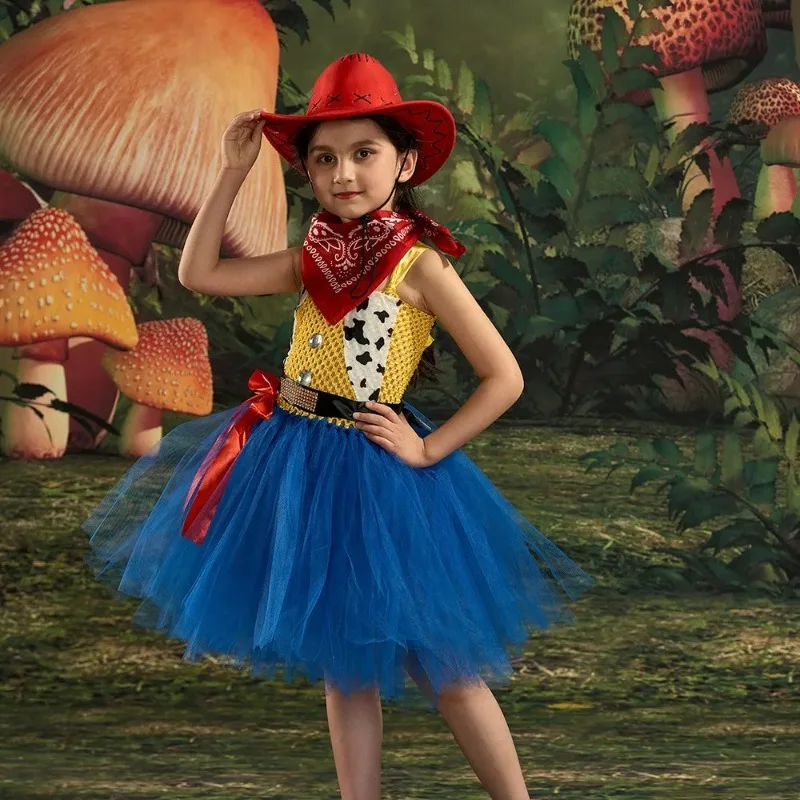 Girls Jessie Cosplay Costumes Dresses Halloween Outfits Fancy Tutus Cowboy Hat Scarf