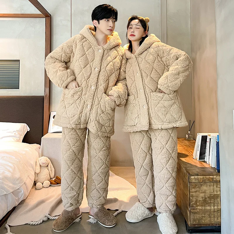 Couple 2PCS Pajamas Set Winter New Berber Fleece Women Sleepwear Nightwear  Home Clothes Men Casual Thick Quilted Sleep Suit Warm