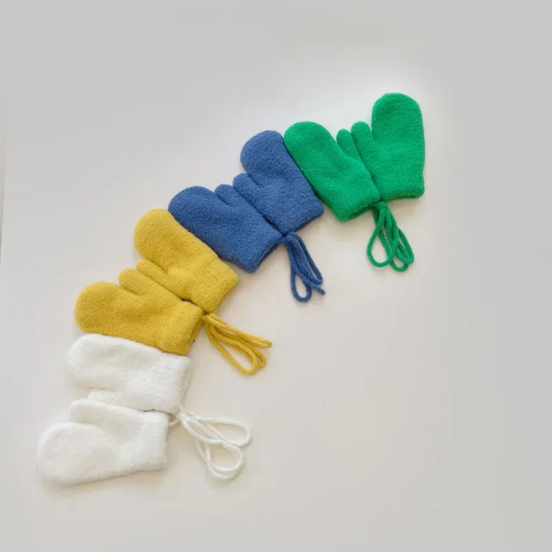 0-4Years Kids Winter Mittens Boys Girls Knitted Gloves Cute Candy Color Children Warm Full Finger Mittens Baby Gloves with Rope 6