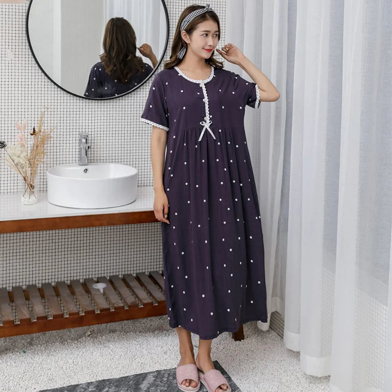 Nightgowns Women Cotton Dot Soft Sleepwear Sexy Casual Home Dressing Gown Spring Sleepshirt Nighty Homewear Sleepdress Big Yards