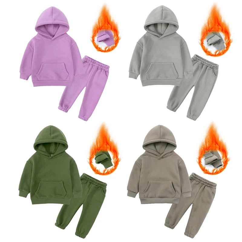 Winter Children Boys Girls Fleece Hoodie Outfits Toddler Sweatshirt+Sweatpants Tracksuit 1-9Y 2Pieces Warm Clothes