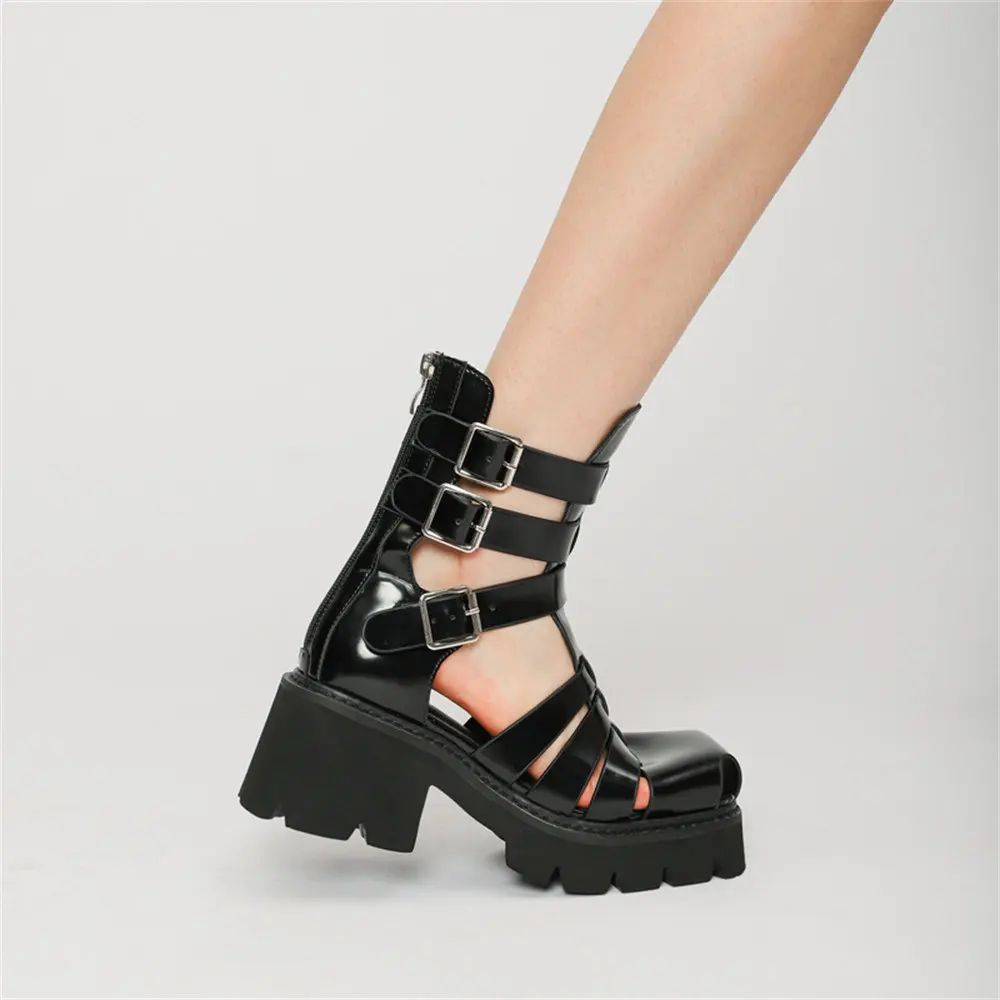 Damen Gladiator Sandalen Mit Blockabsatz Schwarze Sommerschuhe_voghion.com