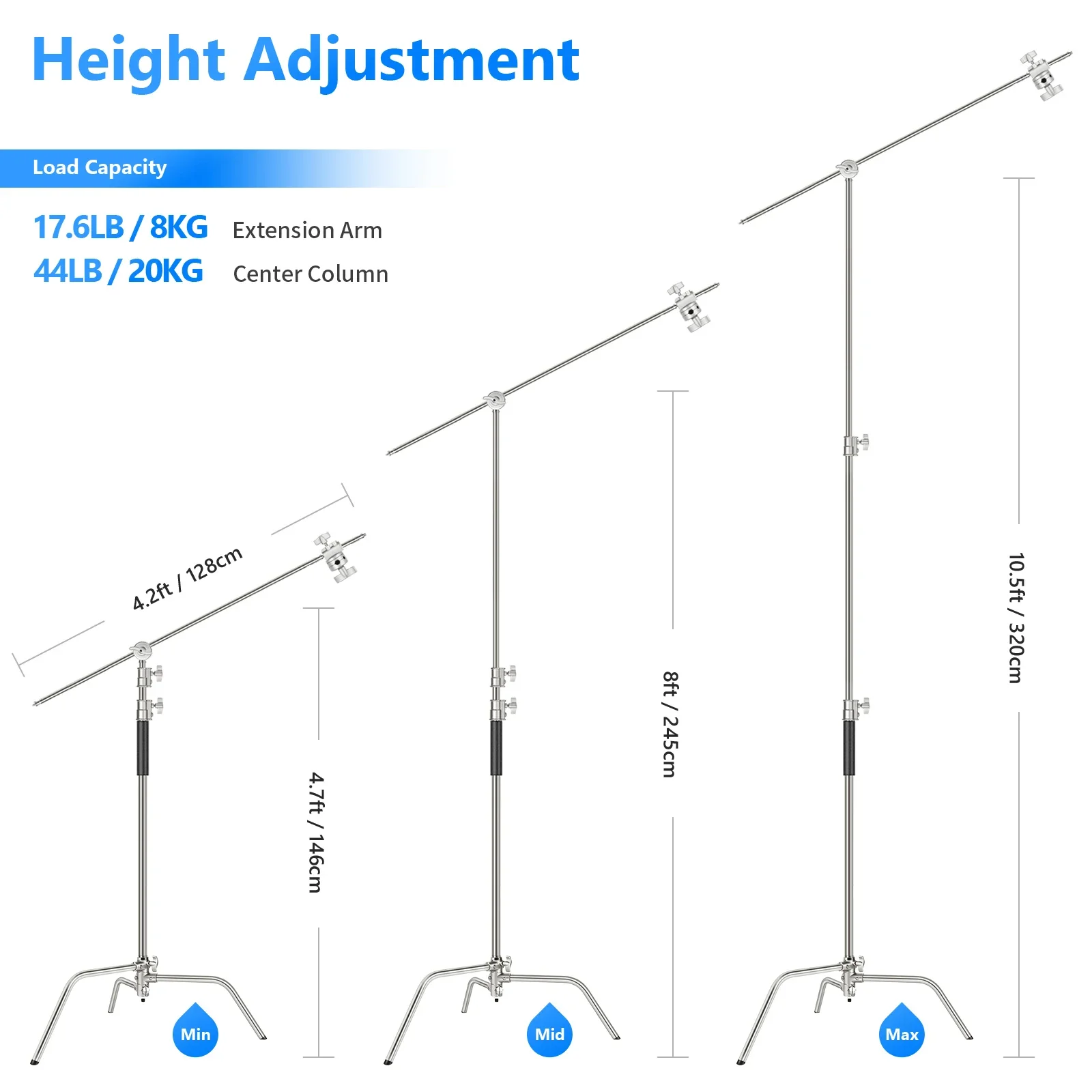 NEEWER Pro 100% 스테인리스 스틸 헤비 듀티 C 스탠드(붐 암 포함), 최대 높이 10.5피트/320cm 사진 조명 스탠드